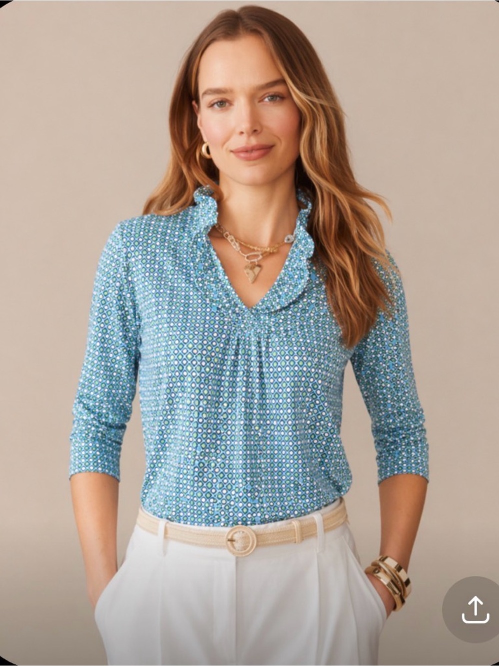 $168 J.McLaughlin Catalina Cloth Ruffle V-Neck Top Blu durham Geometric Print XL